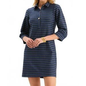 NEW TYLER BOE kat knit golden button dress in navy royal white
